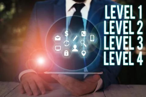 Word writing text Level 1, 2, 3 and 4. Business concept for Steps levels of a Stock Photos
