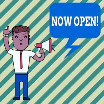 Word writing text Now Open. Business concept for leave door or windows not Ilustración de archivo