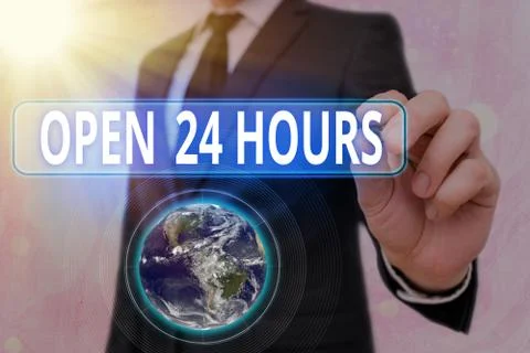 Word writing text Open 24 Hours. Business concept for available all day and all Stock Photos