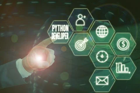 Word writing text Python Developer. Business concept for responsible for writing Stock Photos