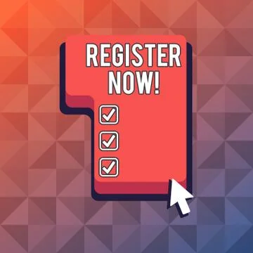 Word writing text Register Now. Business concept for official list or record Stock Illustration