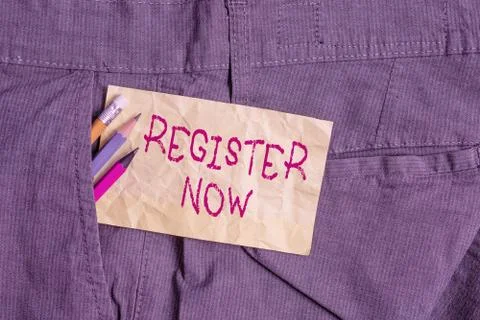 Word writing text Register Now. Business concept for official list or record Stock Photos
