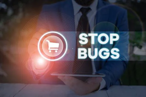 Word writing text Stop Bugs. Business concept for Get rid an insect or similar Foto stock