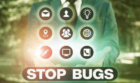 Word writing text Stop Bugs. Business concept for Get rid an insect or similar Stock Photos