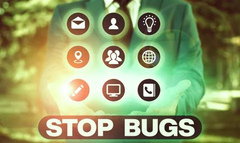 Word writing text Stop Bugs. Business concept for Get rid an insect or similar Stock Photos
