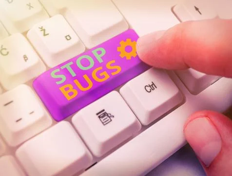 Word writing text Stop Bugs. Business concept for Get rid an insect or similar Stock Photos