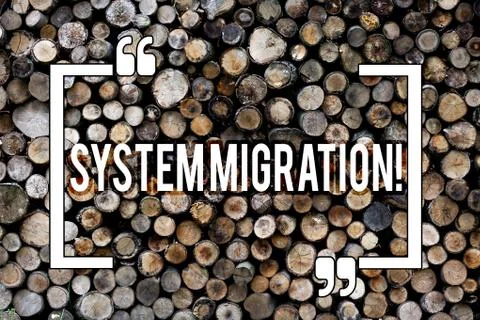 Word writing text System Migration. Business concept for Moving programs to Foto stock