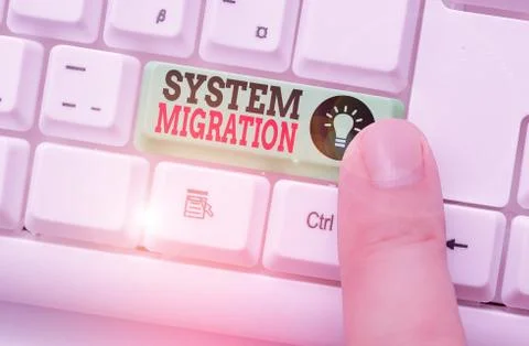 Word writing text System Migration. Business concept for moving from the use of 库存照片