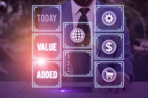 Word writing text Value Added. Business concept for the extra value created over 스톡 사진