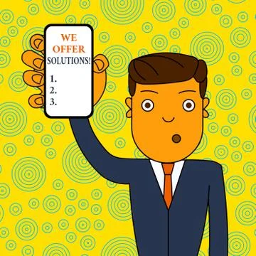 Word writing text We Offer Solutions. Business concept for way to solve problem Illustrazione stock