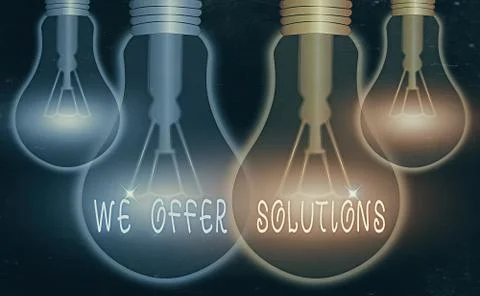 Word writing text We Offer Solutions. Business concept for way to solve problem Illustrazione stock