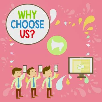 Word writing text Why Choose Us Question. Business concept for Reasons for Ilustração Stock