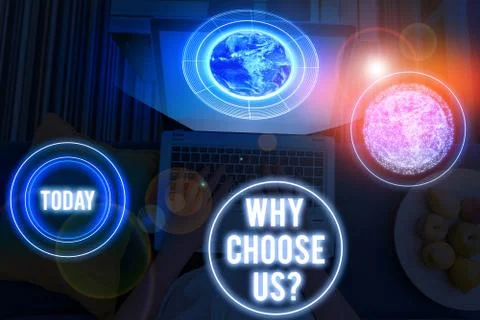 Word writing text Why Choose Us question. Business concept for Reasons for Foto stock