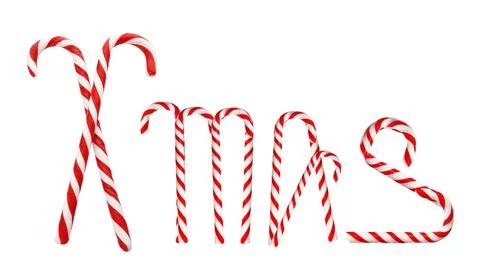 Word Xmas of tasty candy canes on white background Stock Photos