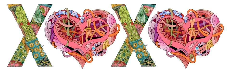 Word XOXO with shape of heart. Vector decorative zentangle object Stock Illustration