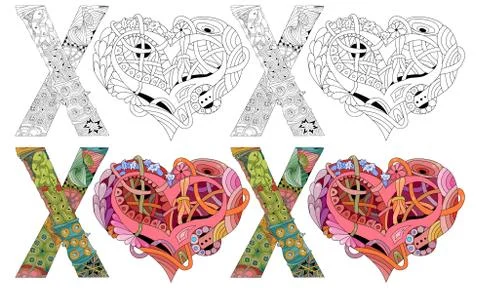 Word XOXO with shape of heart. Vector decorative zentangle object. Color and Ilustración de archivo