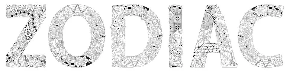 Word ZODIAC. Vector zentangle object for decoration, for coloring Ilustración de archivo