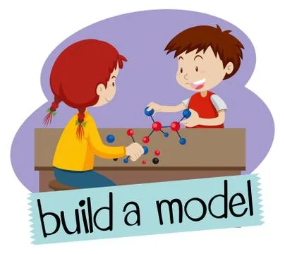 Wordcard for build a model with two students building models Illustrazione stock