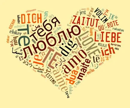 Wordcloud Love you in different languages in heart shape Stock Illustration