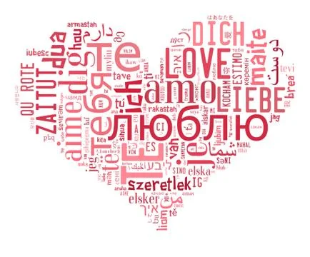 Wordcloud Love you in different languages in heart shape Stock Illustration