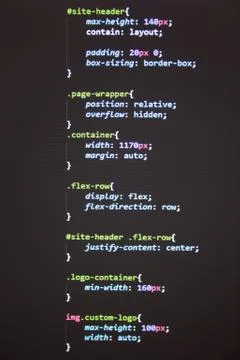 Wordpress theme code close up. Laptop screen with CSS code Stock Photos