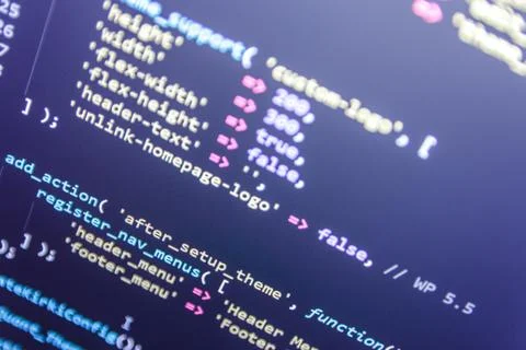 Wordpress theme code close up. Laptop screen with CSS code Stock Photos