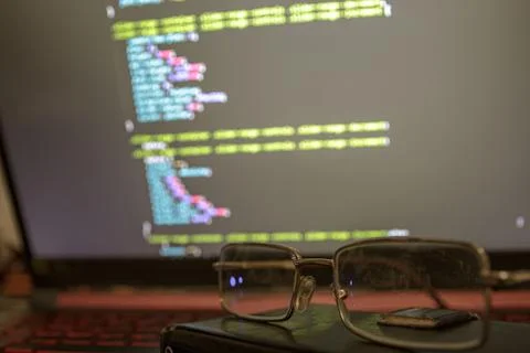 Wordpress theme code close up through sunglasses. Laptop screen with CSS code Stock Photos