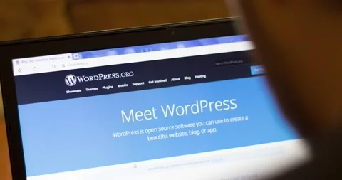 WordPress website on laptop screen close up. Man using service on display Stock Footage 147195804