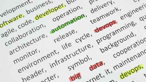 Words about agile and devops undelnines among other words printed on white pa Stock Footage 168489444