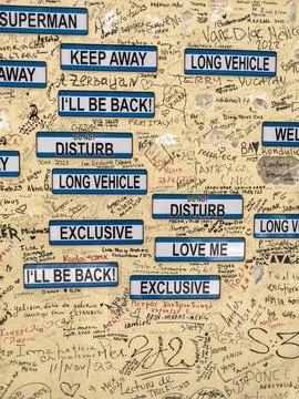 Words and dates on wall or background Foto stock