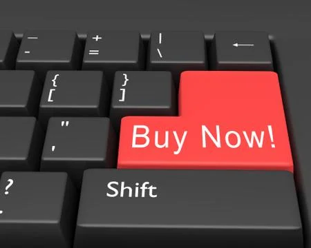 Words "Buy Now!" is written on a computer keyboard. Conceptual image on a com Ilustração Stock