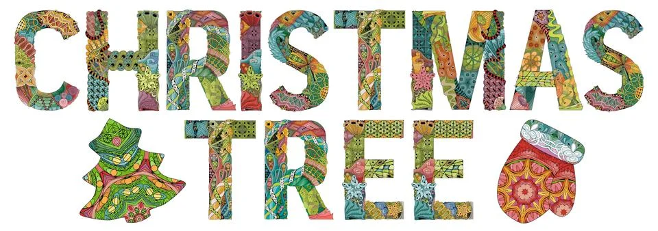 Words Christmas tree. Vector decorative zentangle object Ilustración de archivo