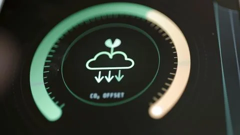 Words CO2 OFFSET sit beneath a cloud, seedling and downward arrows 库存照片