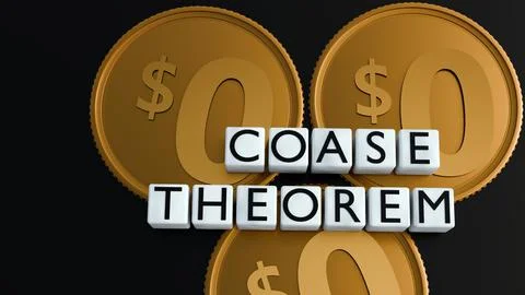 A words "COASE THEOREM" surrounded by gold coins. Stock Illustration