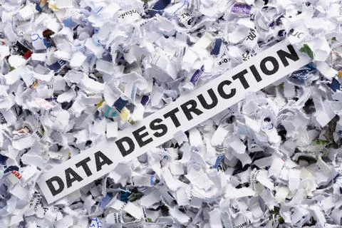 Words Data destruction on top of heap of cross shredded paper concept Stock Photos