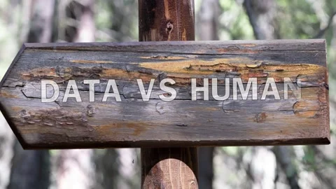 Words Data Versus Human animate onto a weathered timber signpost pointing left Stock Footage 335102006