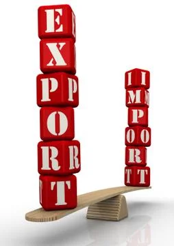The words EXPORT and IMPORT on the scales. Export equals import Stock Illustration