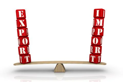The words EXPORT and IMPORT on the scales. Export equals import Stock Illustration