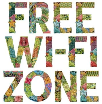 Words FREE WI-FI ZONE. Vector decorative zentangle object Stock Illustration