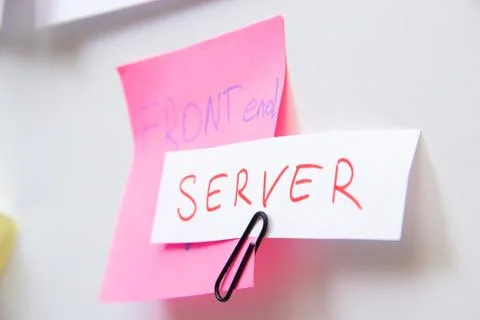 Words Frontend and Server on notes wall. App ui ux design. Stock Photos