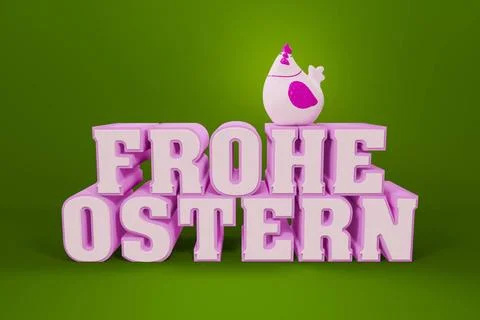 The words happy easter in german language with a chicken 3d illustration o... Foto stock