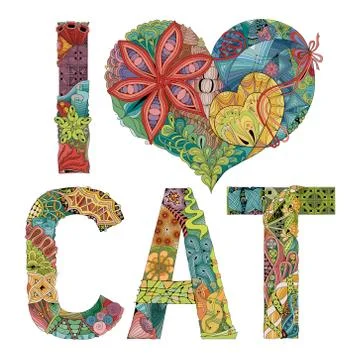 Words I LOVE CAT. Vector decorative zentangle object Illustrazione stock