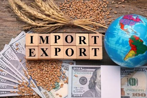 Words Import and Export made of cubes, ears of wheat, banknotes and globe o.. Foto stock