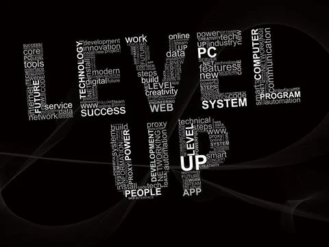 Words LEVEL UP with technology words inside. Concept with cloud words on blac Stock Photos