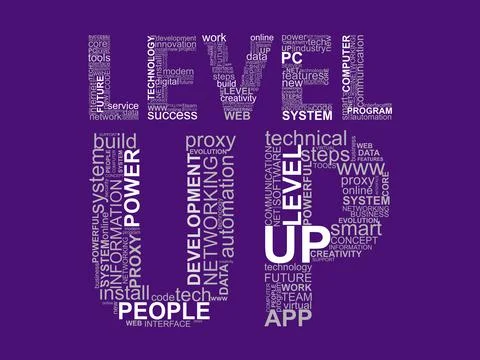 Words LEVEL UP with technology words inside. Concept with cloud words on purp Stock Photos