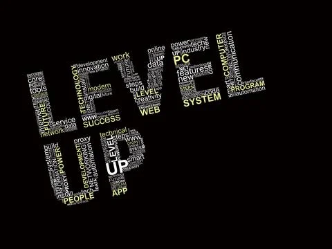 Words LEVEL UP with technology words inside. Concept with cloud words on blac 写真素材