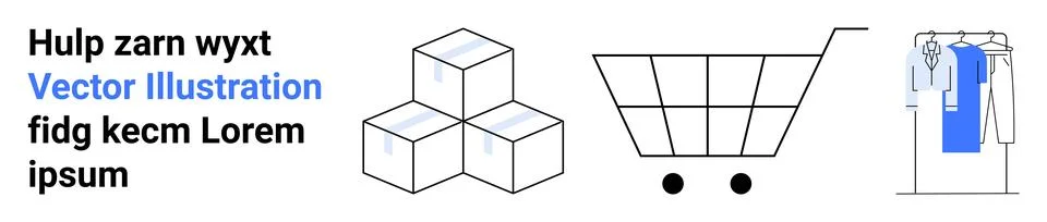 Words next to stack of packages, shopping cart, clothing rack with garments.  Stock Illustration