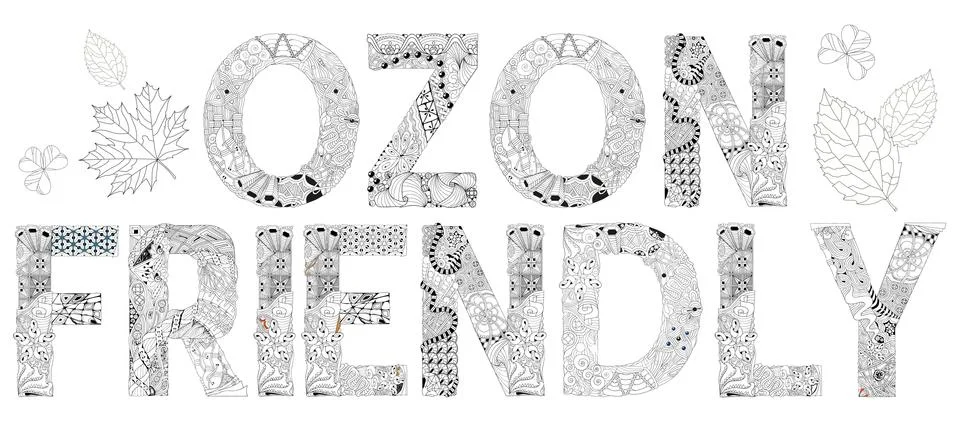 Words OZON FRIENDLY. Vector zentangle object for coloring Illustrazione stock