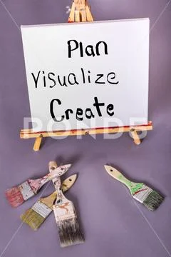 Words Plan, Visualize, Create painted in black on white canvas Stock Photos