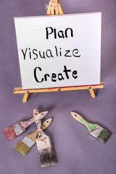 Words Plan, Visualize, Create painted in black on white canvas Stock Photos